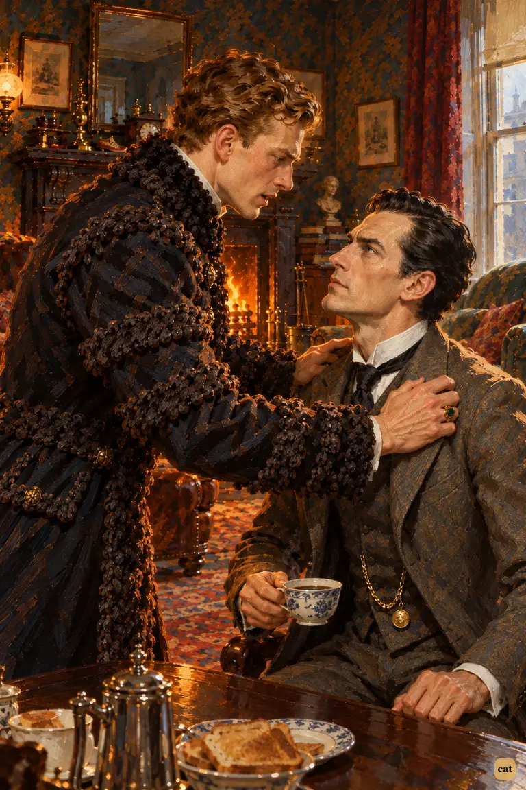 The King of Bohemia bursts into the Baker Street sitting-room and seizes Holmes by both shoulders, hungry for news.