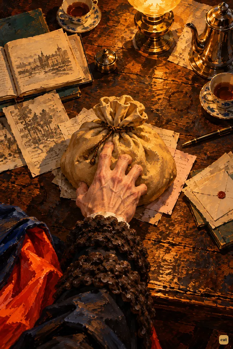 Seen from directly above, the King's heavy hand has just released the fat chamois bag onto Holmes's stained, paper-strewn table.