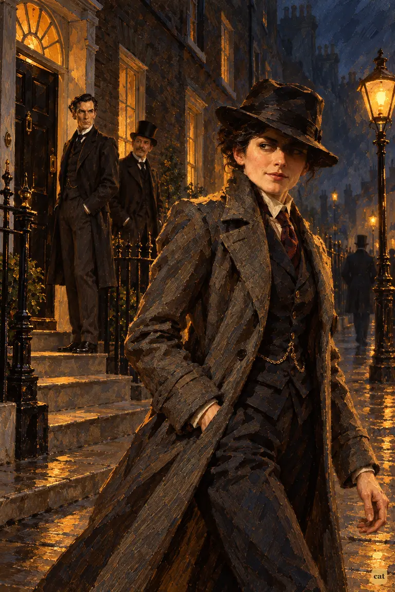 Irene Adler, disguised as a slim youth in an ulster, strides past along the Baker Street pavement and tosses her sly farewell back at Holmes on the doorstep.