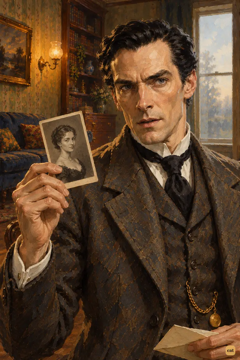 Sherlock Holmes, beaten by Irene Adler yet level and faintly ironic, lifts her cabinet photograph beside his cheek and names it as his price.