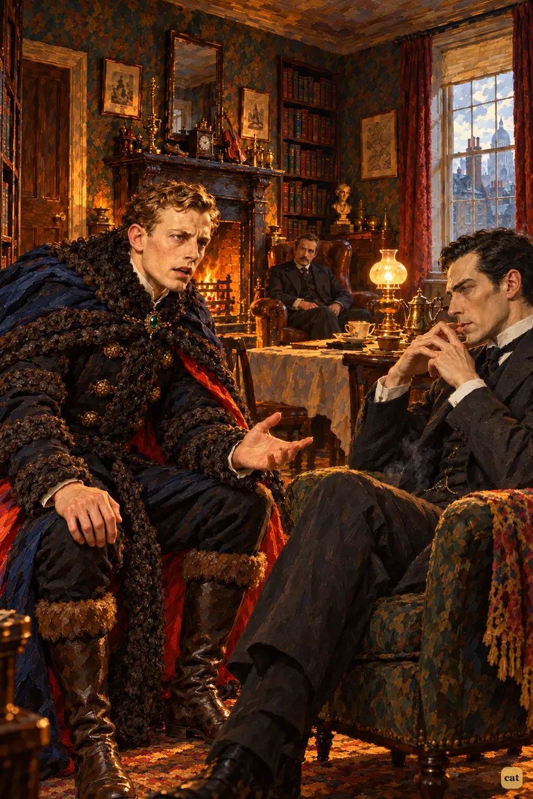 Unmasked, the King of Bohemia leans forward in the amber lamplight of Baker Street and pleads his case, one open palm held out to the listening detective.