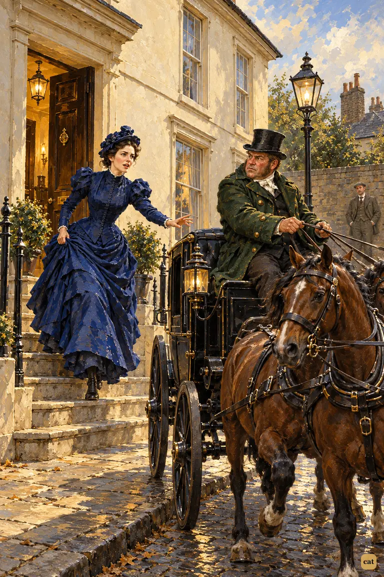In bright late-morning light, Irene Adler bursts from the hall door of Briony Lodge and down the steps toward the landau before it has stopped, calling her order to the flustered coachman.