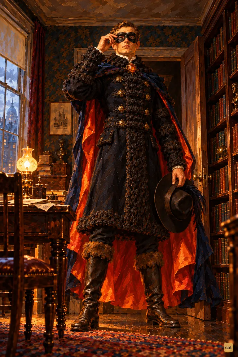 The masked King of Bohemia fills the doorway of the Baker Street sitting-room, seen from below.