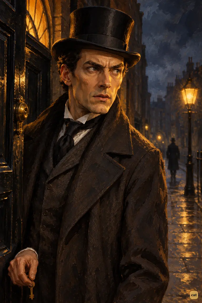 On the Baker Street doorstep, Sherlock Holmes turns toward the dim lamplit street, key forgotten in his hand, trying to place a voice he has heard before.