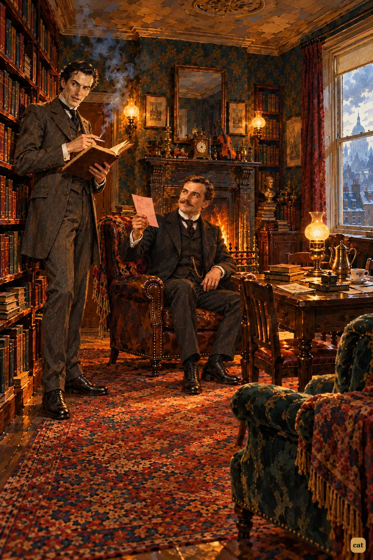In the amber gloom of the Baker Street sitting-room, Holmes jabs a finger at "Egria" in the gazetteer and sends up a triumphant cloud of smoke.