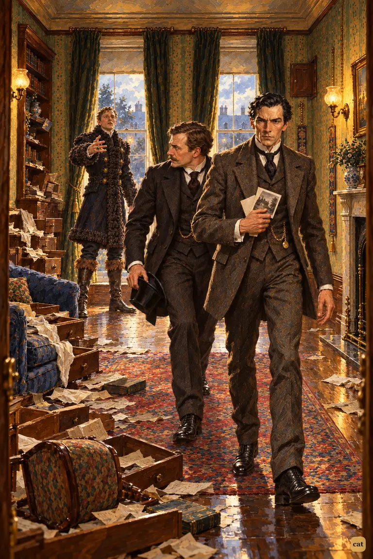 Holmes turns for the door with the photograph against his chest, leaving the King of Bohemia alone in the ransacked drawing-room, his hand still held out with the emerald ring on the palm.