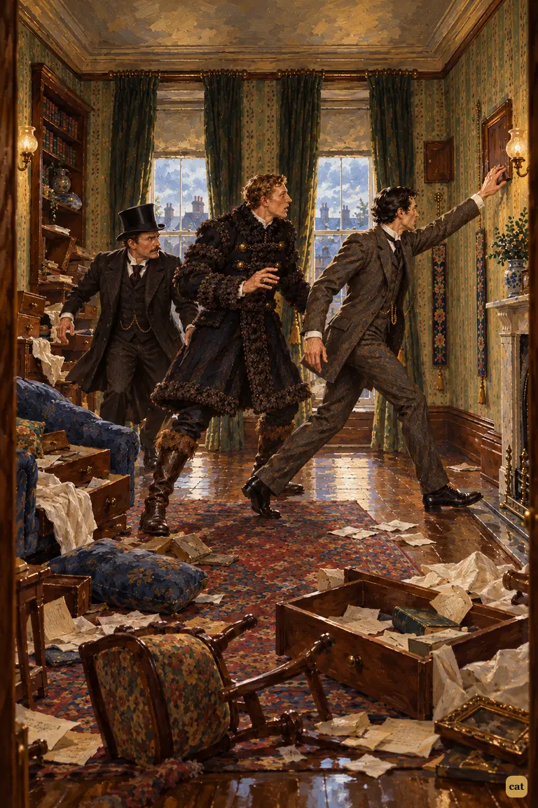 Three men burst into the abandoned drawing-room of Briony Lodge, where overturned furniture and open drawers tell of Irene Adler's hasty flight.