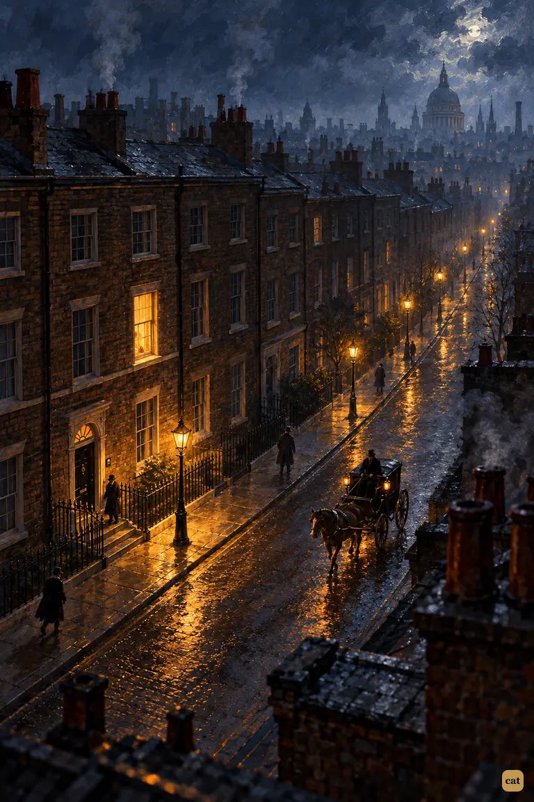An opening bird's-eye view of Baker Street on the night of 20 March 1888: a quiet brown-brick terrace, a lone hansom cab, and one warm window glowing behind a pale blind.