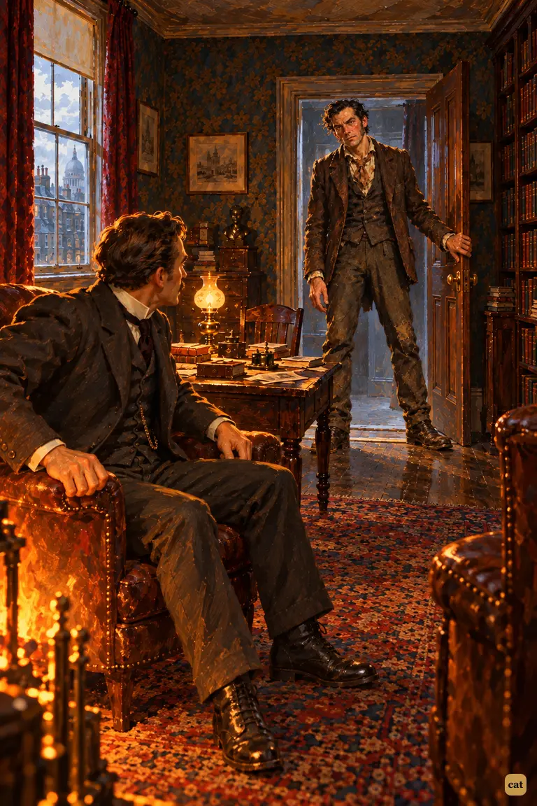 In the firelit Baker Street sitting-room, a swaying, side-whiskered groom lurches through the doorway while Watson, half turned in his armchair, searches the red face for his friend's familiar features.