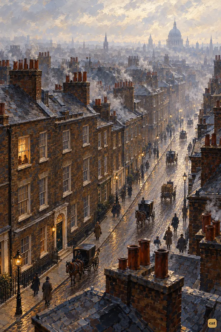 A bird's-eye view of Baker Street on the hazy morning of 21 March 1888, with one amber window glowing in Holmes's lodgings where he and Watson sit over toast and coffee before the King bursts in.