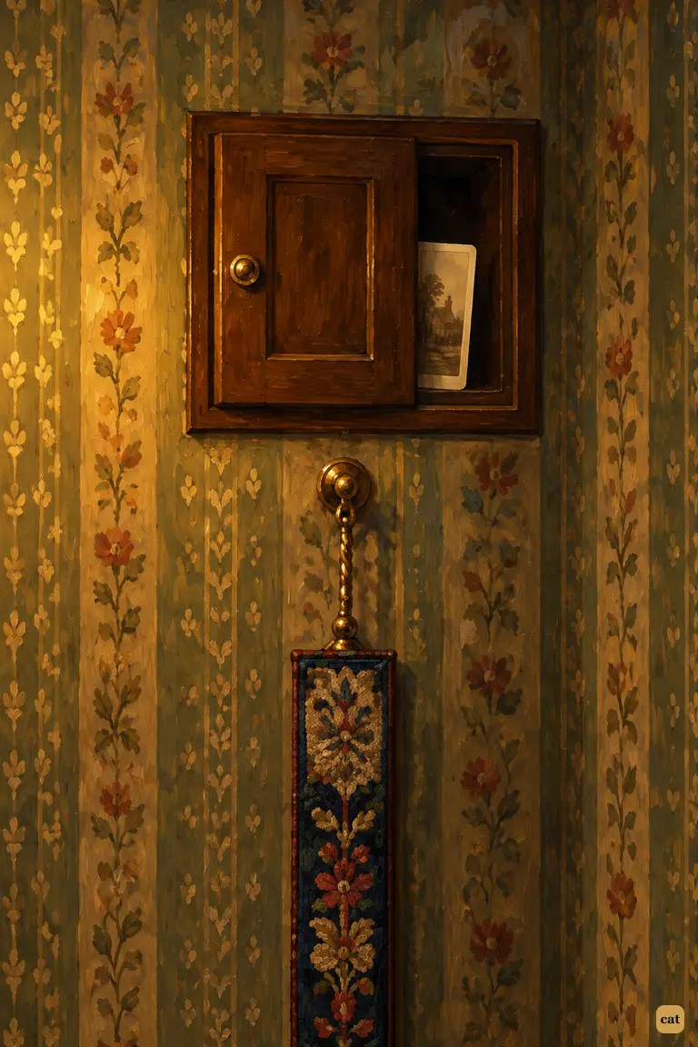 A gaslit detail of the hiding place in Briony Lodge's sitting-room: the small panel above the right bell-pull stands ajar, and the edge of a cabinet photograph is half drawn from the dark recess.
