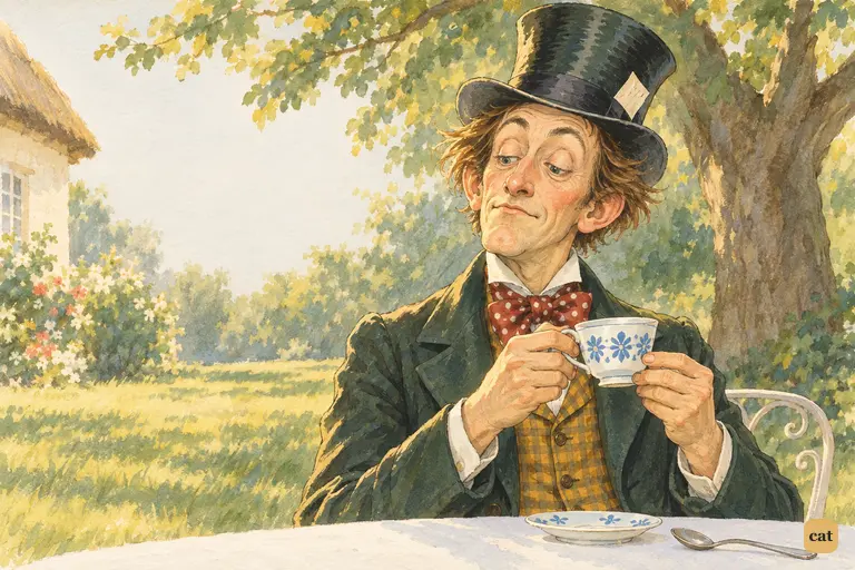 Staring into his clean cup, the Hatter rudely cuts Alice off without looking at her