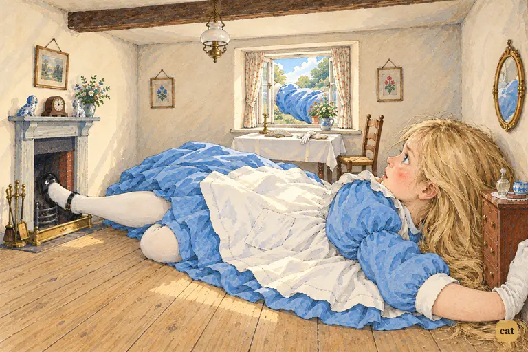 Giant Alice lies wedged in the Rabbit's room, arm out the window, foot up the chimney