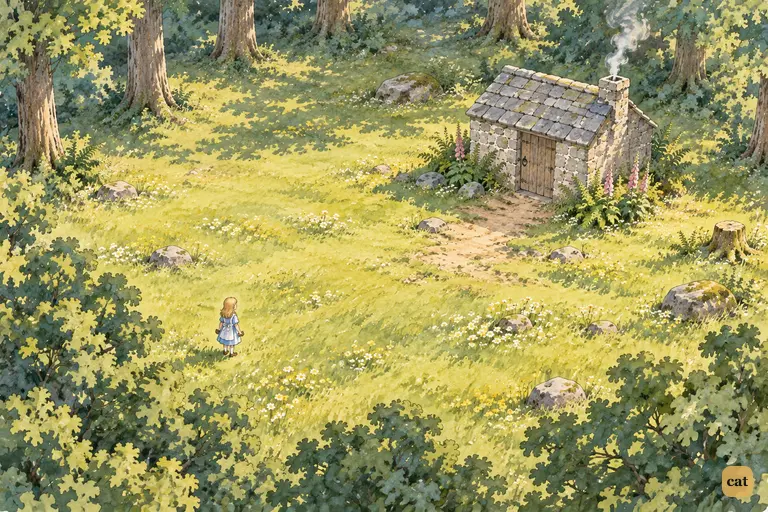 The four-foot house fills the sunny clearing, with nine-inch Alice far off in the grass
