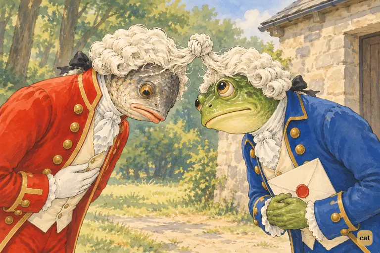 The two footmen bow low over the Queen's invitation, and their powdered curls tangle