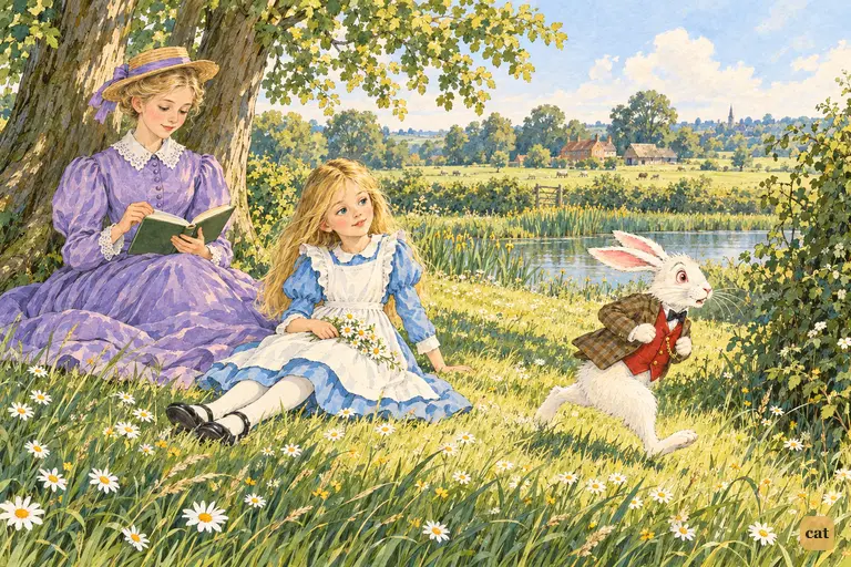 On a hot, sleepy afternoon a White Rabbit in a red waistcoat dashes across the grass close to Alice.