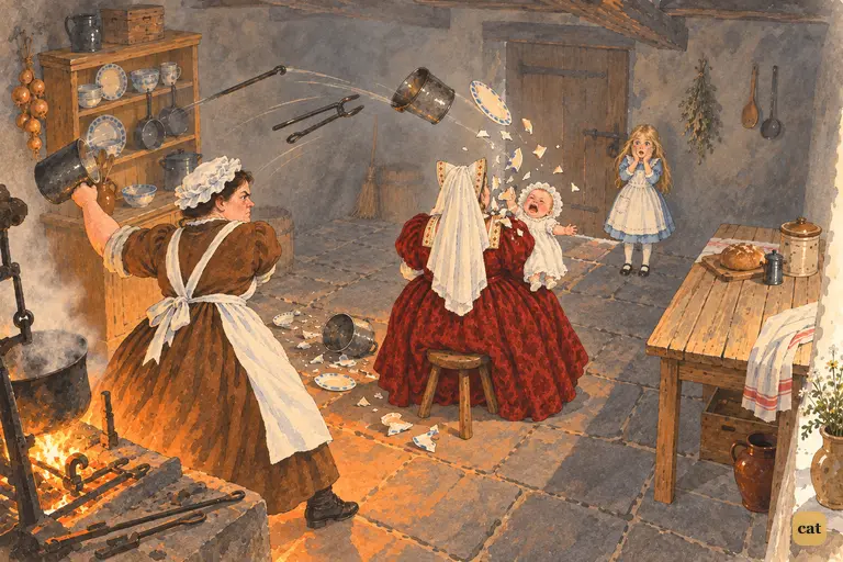 Pots, plates and fire-irons fly at the Duchess, who ignores them as the baby howls
