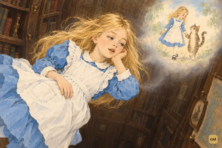 Still drifting down the deep well, Alice dozes off murmuring "Do cats eat bats?"