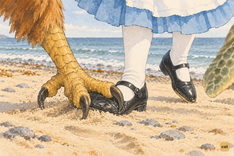 In the Lobster Quadrille, the Gryphon's heavy claw lands on Alice's polished shoe