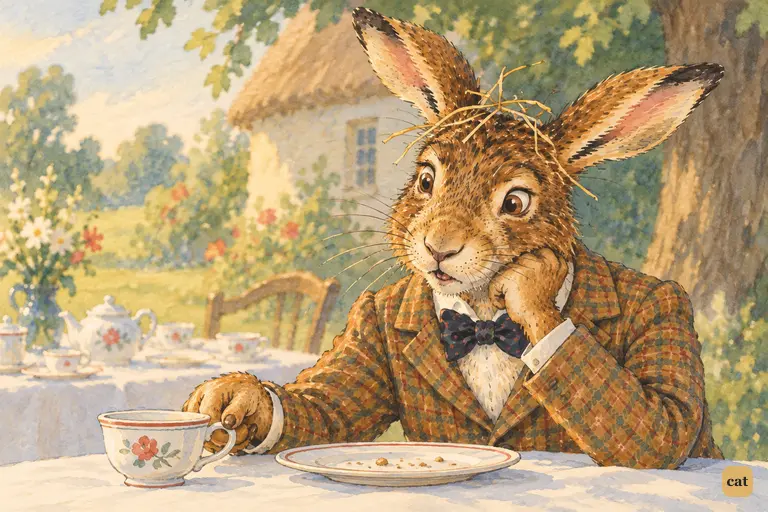 The March Hare leans on his paw, wishing it were half-past one, dinner-time