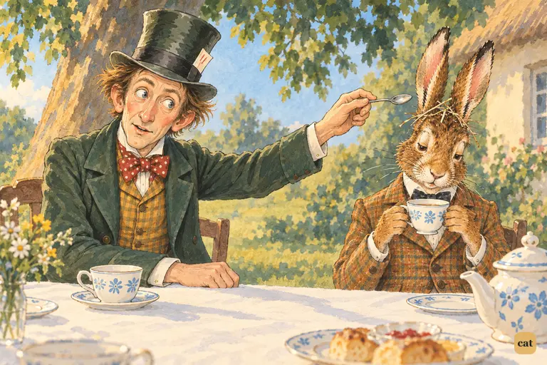 The Hatter shakes his head mournfully and points his teaspoon at the March Hare