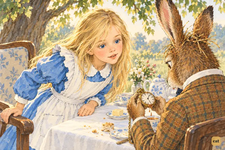 Alice leans in over the March Hare's shoulder to look at the dripping watch