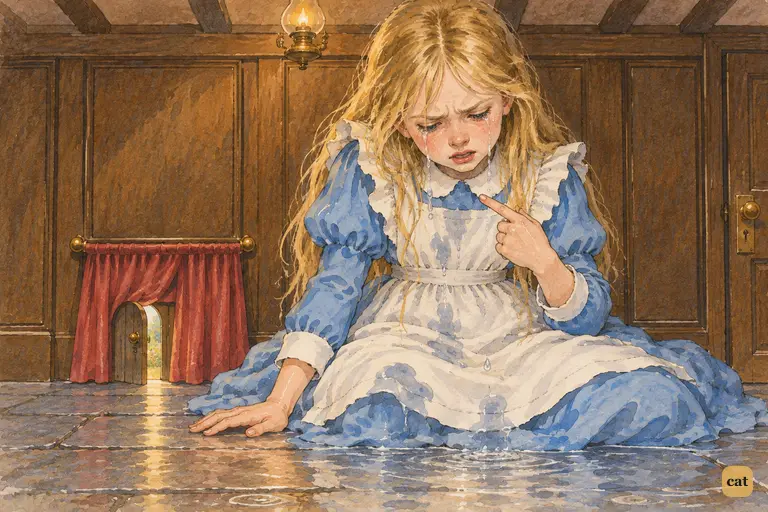 Giant Alice sits hunched under the roof, shaking a stern finger at herself in tears