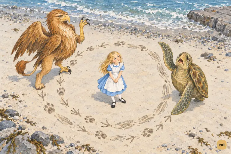 From above, the Gryphon and the Mock Turtle circle Alice on the sand, beating time