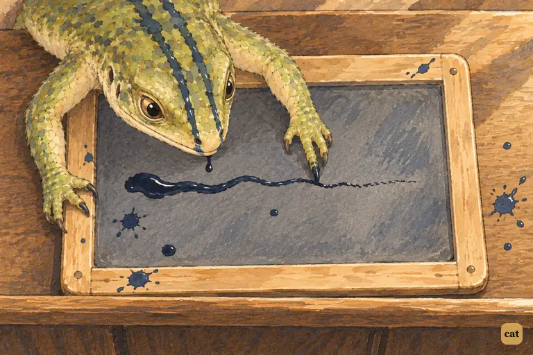 Splashed by the Queen's inkstand, Bill writes on his slate with the dripping ink