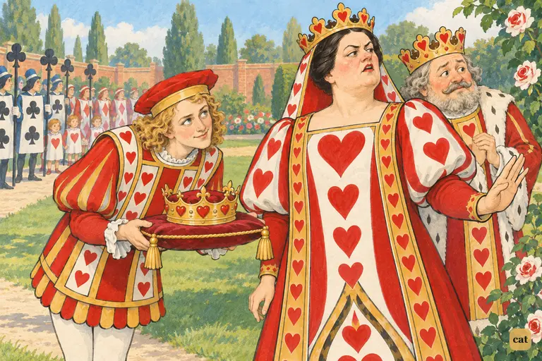The Queen of Hearts turns from the bowing Knave and stares at Alice
