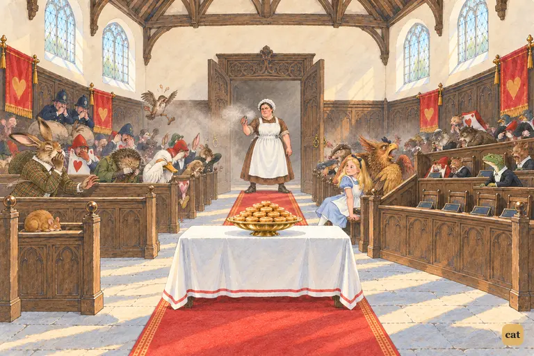 The Duchess's cook stands in the courtroom doorway holding her pepper-box.