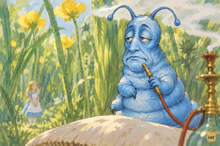 The Caterpillar sits still on the mushroom, hookah held below his mouth, eyes narrowed