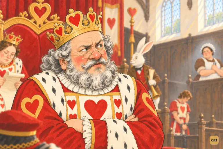 The King of Hearts reluctantly plays the stern judge.