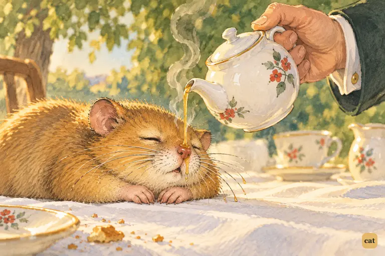 The Hatter tips a teapot over the sleeping Dormouse, tea falling toward its nose
