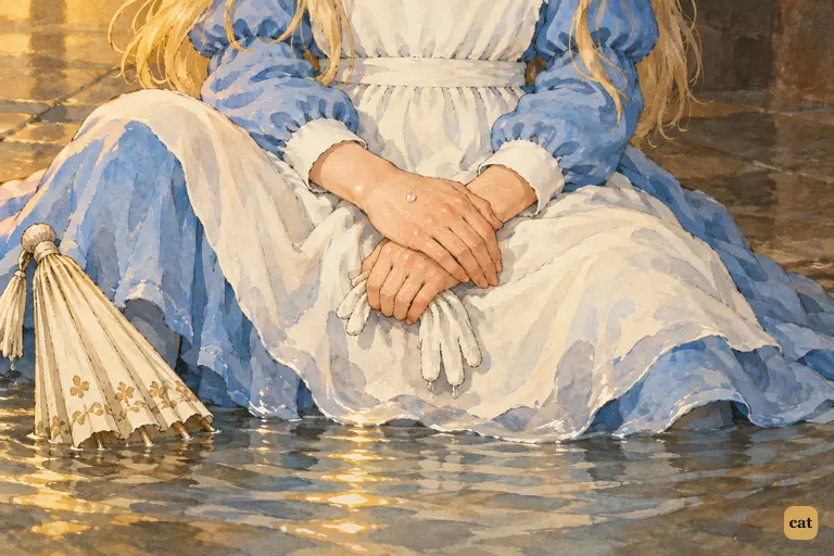 Alice sits in her tears, hands folded, reciting How doth the little crocodile