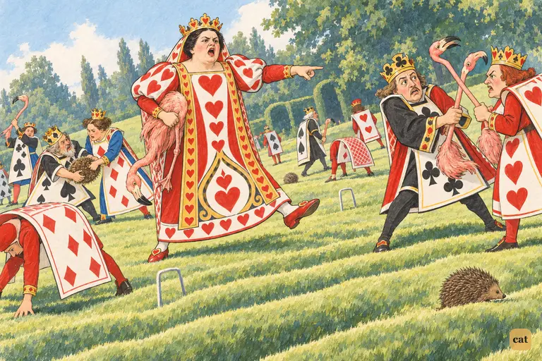 The croquet game has fallen into chaos: everyone plays at once and fights over the hedgehogs.