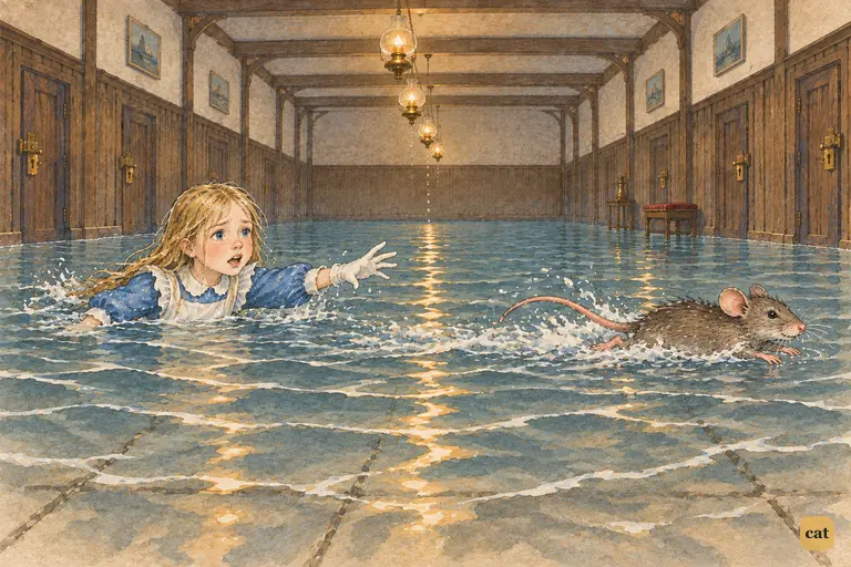 Frightened by Alice's talk of a terrier, the Mouse swims off across the pool of tears