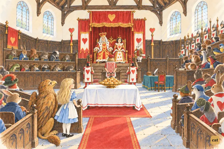Alice has just come into the crowded court of the King and Queen of Hearts.