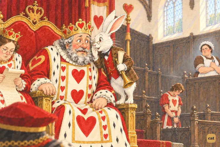 The White Rabbit whispers to the stumped King that he must cross-examine the cook