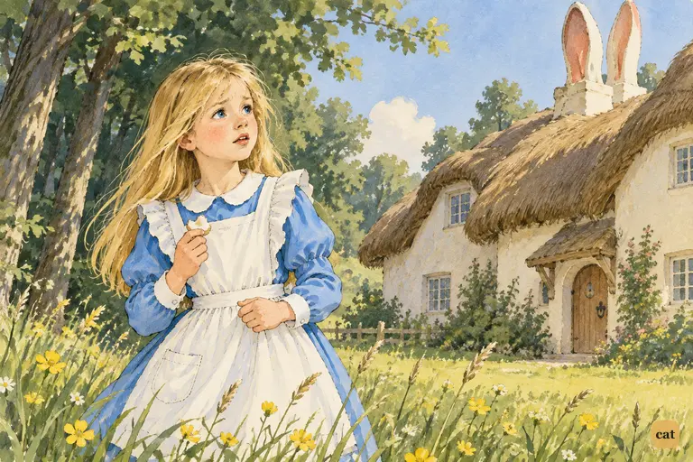 Two-foot-tall Alice walks timidly towards the March Hare's huge house