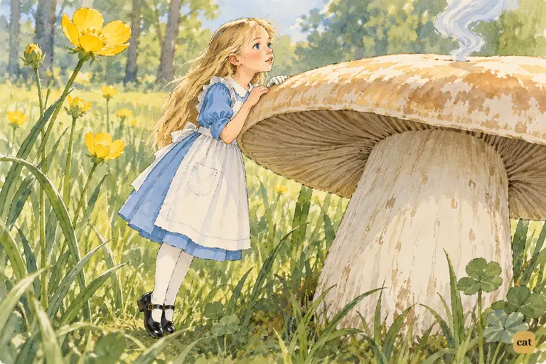 Tiny Alice peeps over the great mushroom on tiptoe as blue smoke curls from its cap