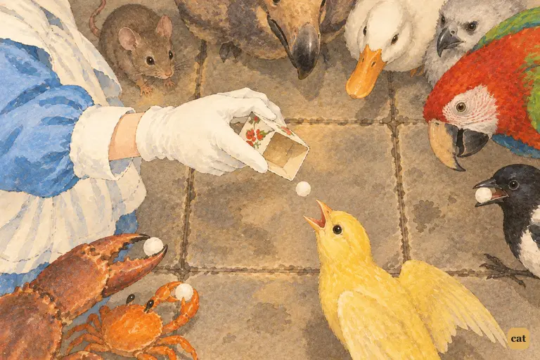 Alice's gloved hand tips the empty comfit box, and the last comfit falls into a canary's open beak.