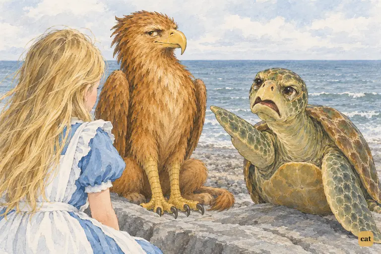 The Mock Turtle glares past the Gryphon at Alice and points a flapper at her