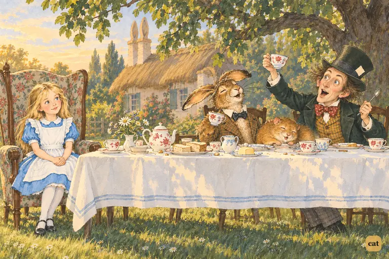 Under the great tree the Hatter sings his nonsense song down the long tea-table.