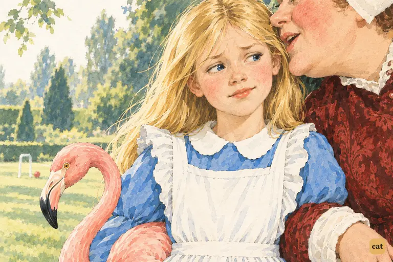 Arm in arm with Alice, the Duchess digs her sharp chin into Alice's shoulder