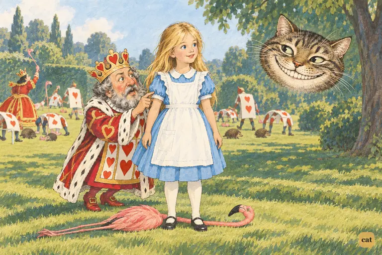 The King of Hearts crouches behind Alice and scolds the Cheshire Cat's grinning head