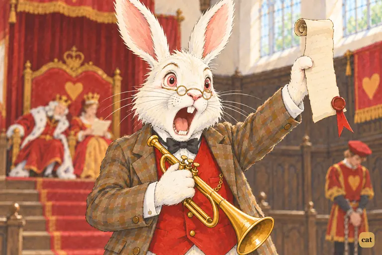 On tiptoe, the White Rabbit holds the list high and shrieks Alice's name