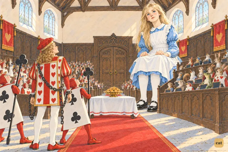 After the King reads Rule Forty-two, the whole court turns silently to giant Alice
