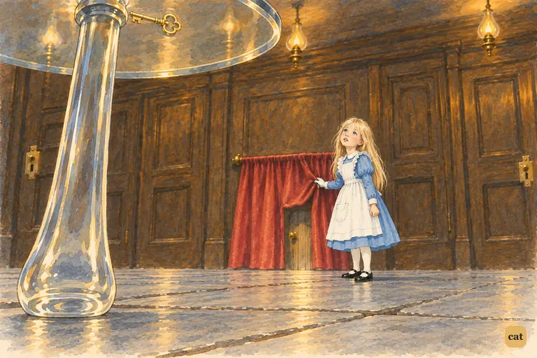 Alice has shrunk to only a few inches tall.