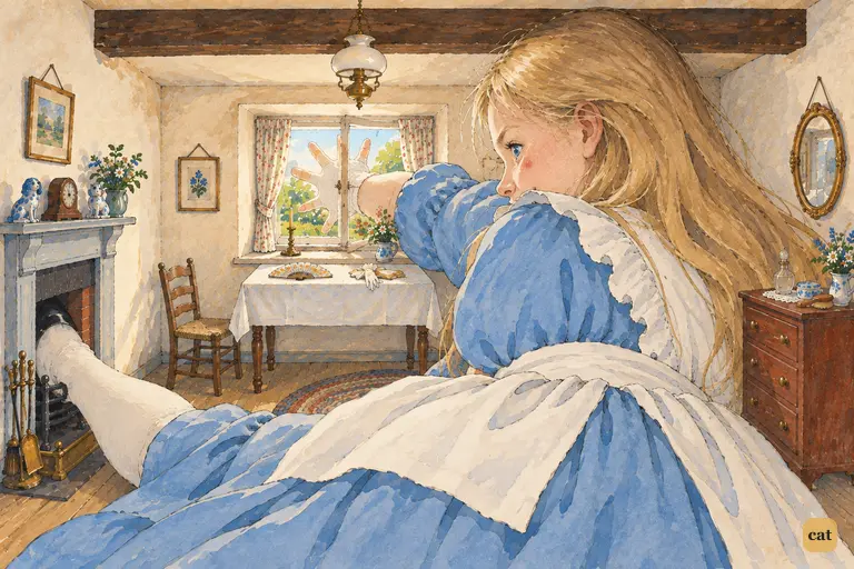 Giant Alice fills the White Rabbit's tiny upstairs room.